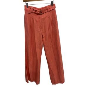 Ulla Johnson Wide Leg Belted Pleated Trousers Silk Linen Pants 2 High Rise